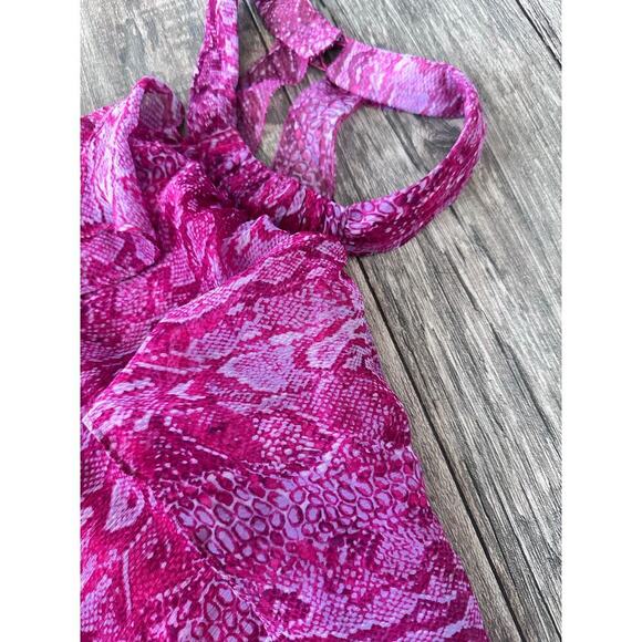 BCBGMAXAZRIA Women's Pink Azaelea Combo Ruffle Silk Halter Top Size Large - Picture 2 of 12